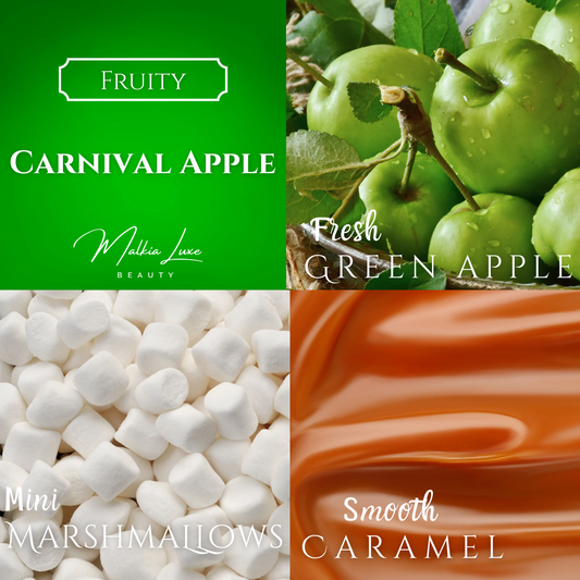 Collage of carnival apple, green apples, mini marshmallows, and smooth caramel with text labels.