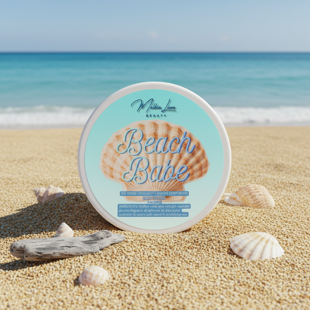 Shell-shaped body butter with 'Beach Babe' text and Mekka Luxe Beauty branding on a light blue background.