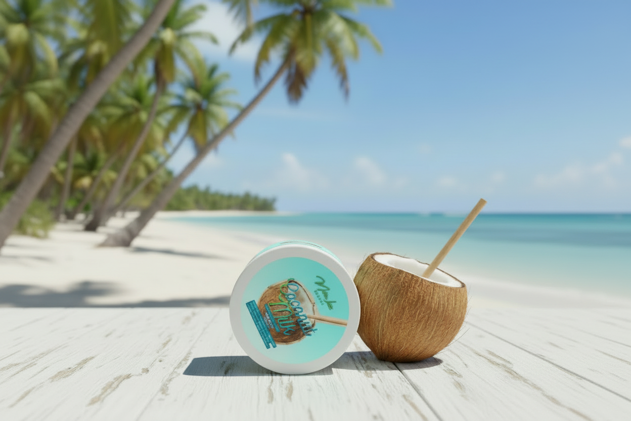 Coconut milk body butter packaging with a wooden straw on a light blue background