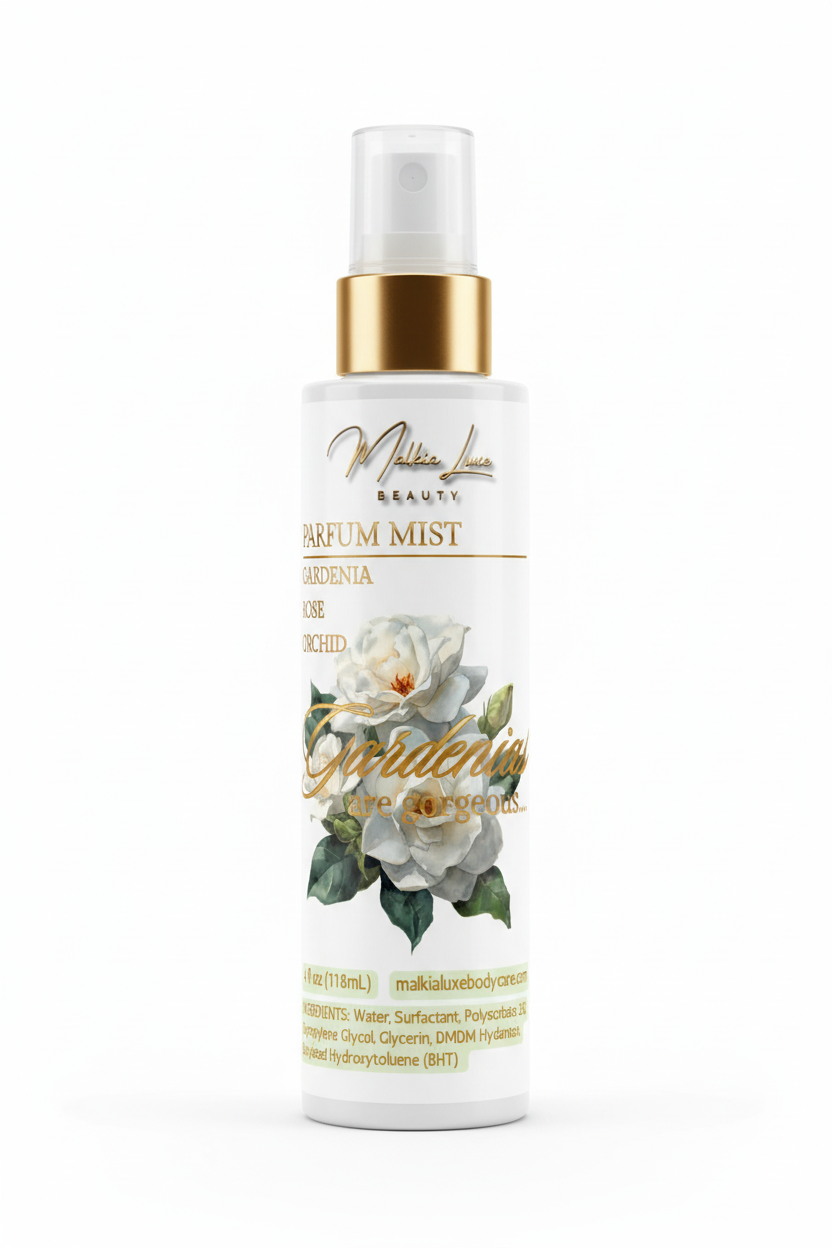 Parfum mist packaging with gardenia flowers and brand name 'Malkia Luxe Beauty'.