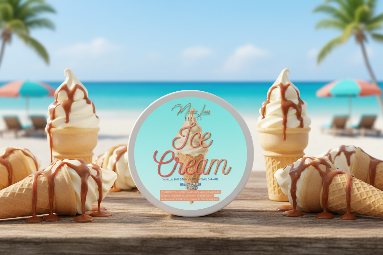 Ice cream cone with 'Ice Cream' text and product details on a light blue background