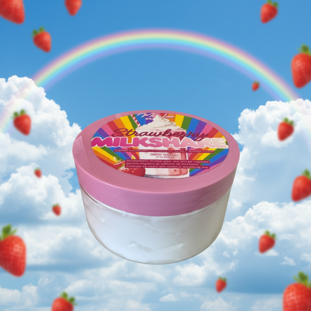 Jar of strawberry milkshake body butter with a colorful label