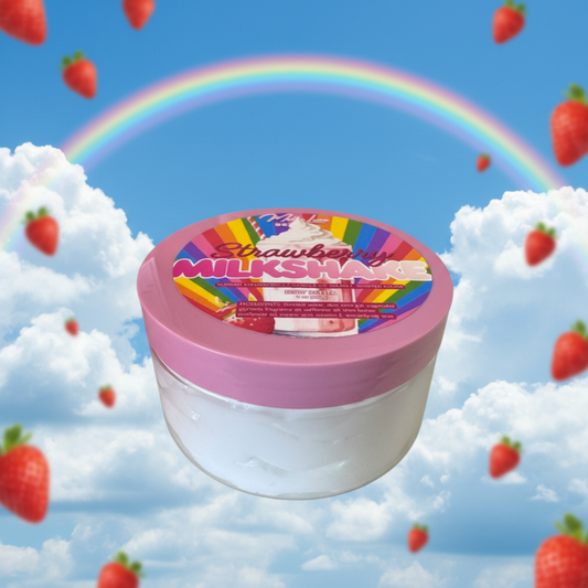 Jar of strawberry milkshake body butter with a colorful label