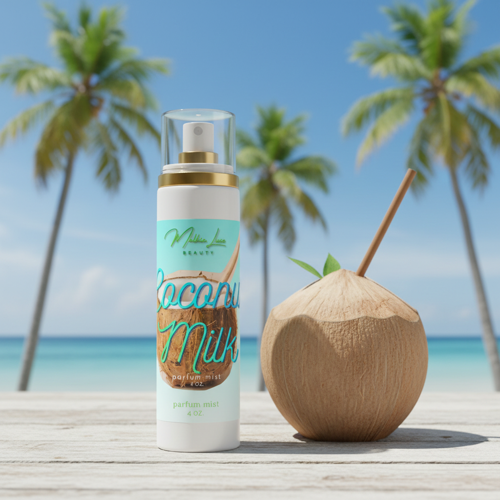 Coconut Milk parfum mist packaging with a coconut and straw on a light blue background