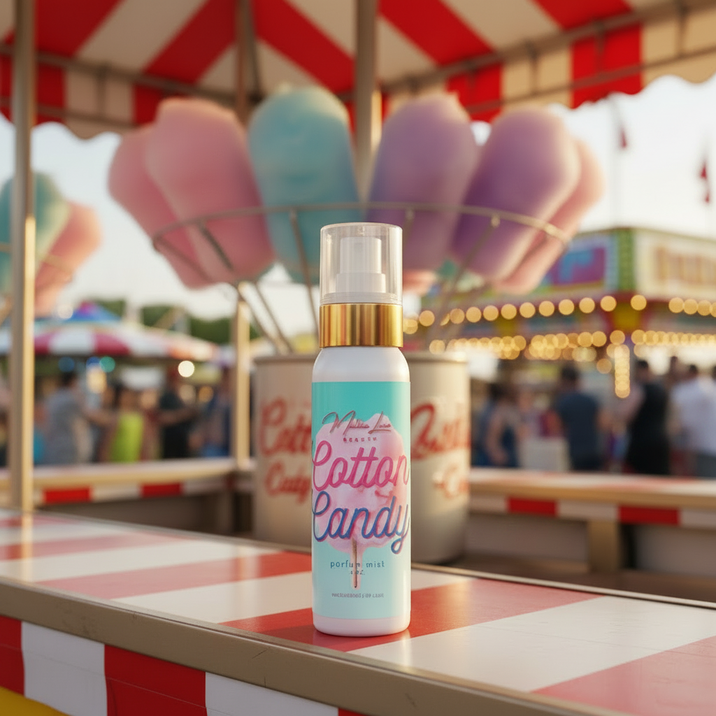 Cotton candy-themed product packaging with 'Malkia Luxe' branding on a light blue background.