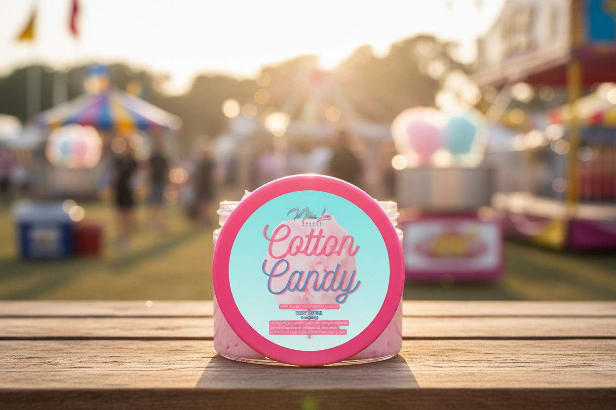 Cotton candy-themed product packaging with 'Malkia Luxe Beauty' branding on a light blue background.