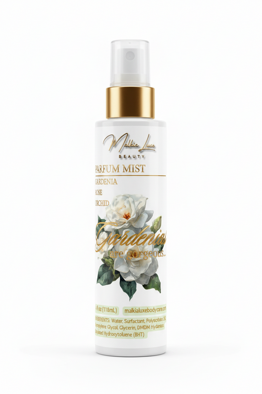 Parfum mist packaging with gardenia flowers and brand name 'Malkia Luxe Beauty'.