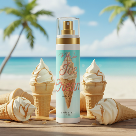 Maikala Luxe Ice Cream parfum mist packaging with ice cream cone illustration on a light blue background.
